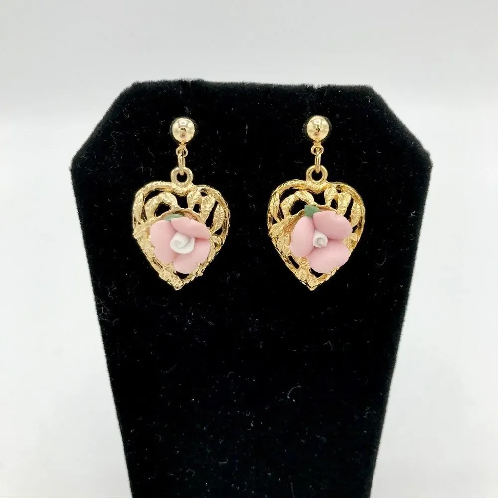 Pink Mini Rose Rosette Flower Gold Tone Small Dangle Earrings